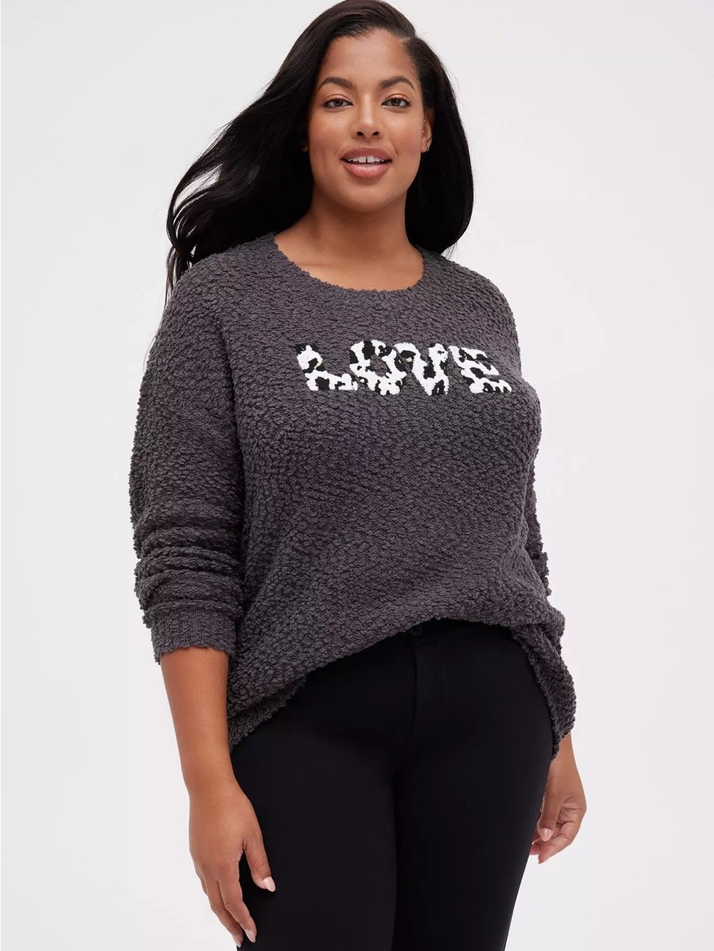 torrid Charcoal Plush 'LOVE' Crewneck Sweater